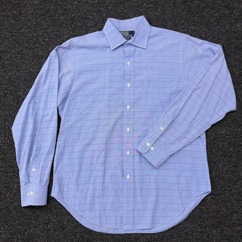 Vtg Polo Ralph‎ Lauren Philip Mens 16 34/35 Blue Check Cotton Shirt Long Sleeve
